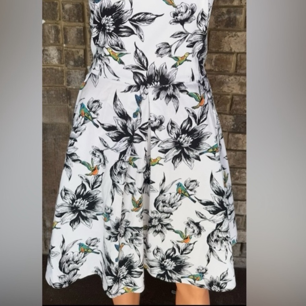 Black White Floral Hummingbird Dress High Neck Fit Flare Sleeveless 16 - Picture 5 of 10